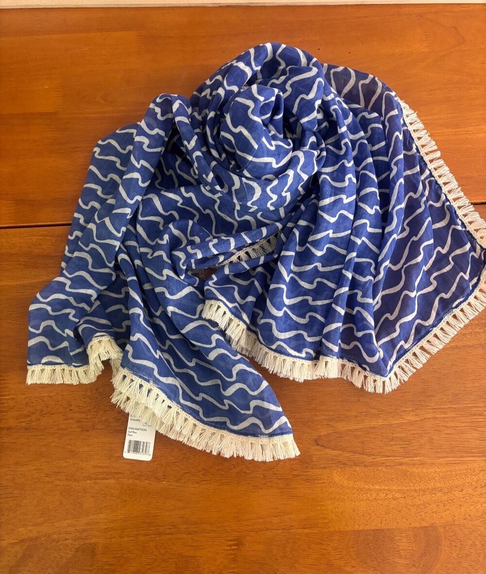 Rock Flower Paper Wrap Scarf Pareo Surf Blue Fringe Waves 42 x 66 Lightweight